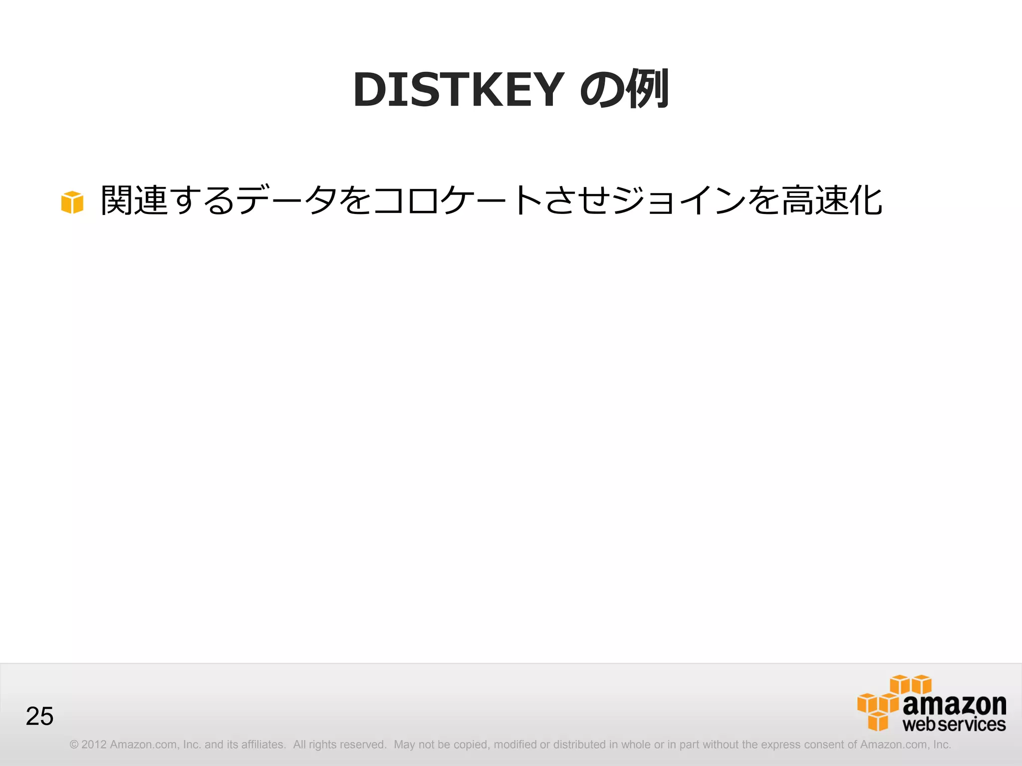 © 2012 Amazon.com, Inc. and its affiliates. All rights reserved. May not be copied, modified or distributed in whole or in part without the express consent of Amazon.com, Inc.
25
DISTKEY の例
関連するデータをコロケートさせジョインを高速化
 