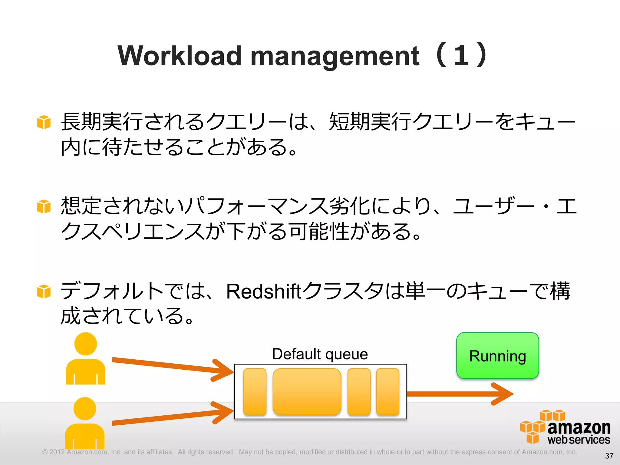 © 2012 Amazon.com, Inc. and its affiliates. All rights reserved. May not be copied, modified or distributed in whole or in part without the express consent of Amazon.com, Inc.
Workload management（１）
長期実行されるクエリーは、短期実行クエリーをキュー
内に待たせることがある。
想定されないパフォーマンス劣化により、ユーザー・エ
クスペリエンスが下がる可能性がある。
デフォルトでは、Redshiftクラスタは単一のキューで構
成されている。
37
RunningDefault queue
 