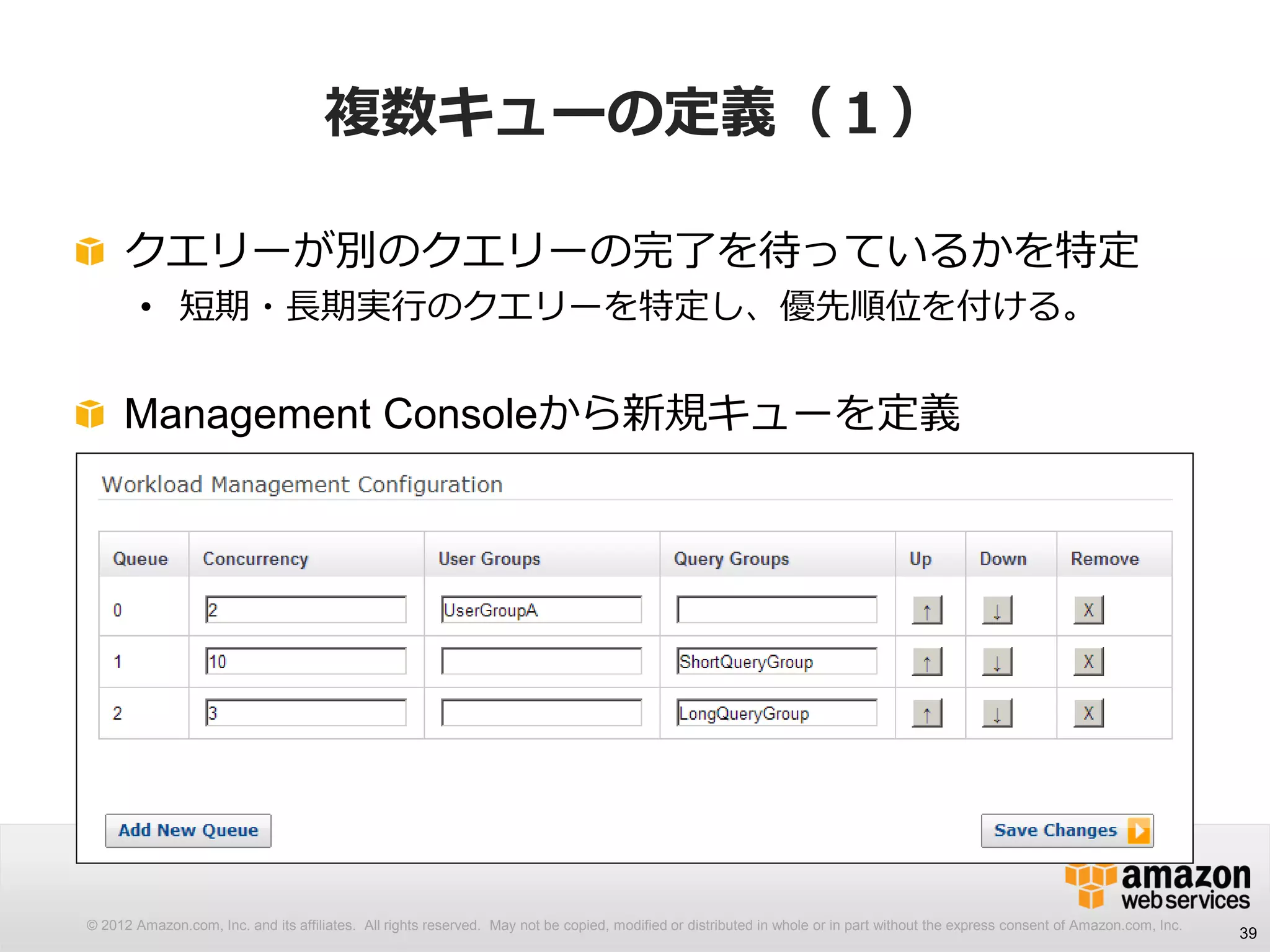 © 2012 Amazon.com, Inc. and its affiliates. All rights reserved. May not be copied, modified or distributed in whole or in part without the express consent of Amazon.com, Inc.
複数キューの定義（１）
クエリーが別のクエリーの完了を待っているかを特定
• 短期・長期実行のクエリーを特定し、優先順位を付ける。
Management Consoleから新規キューを定義
39
 