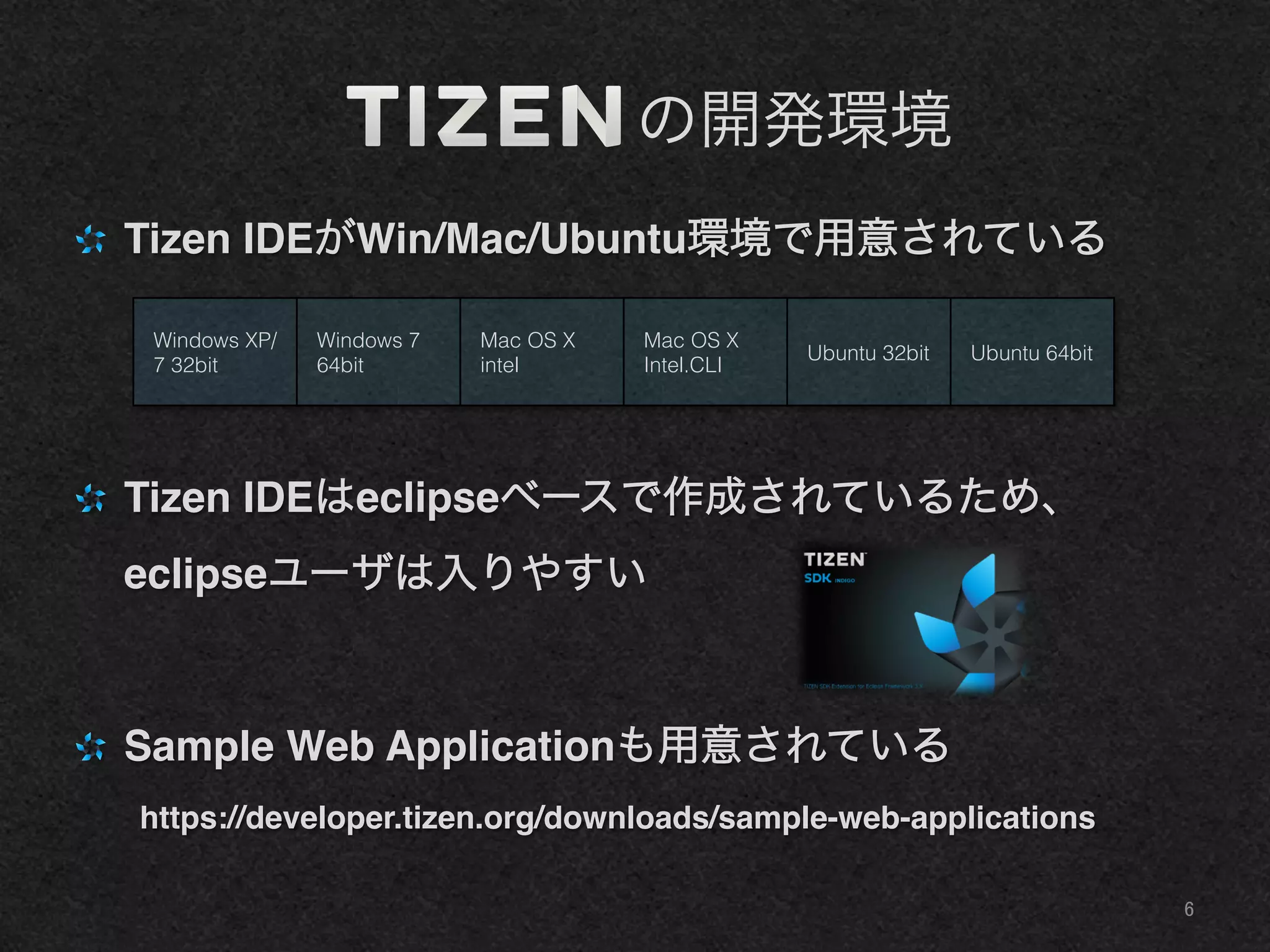      の開発環境
" Tizen IDEがWin/Mac/Ubuntu環境で用意されている!
" Tizen IDEはeclipseベースで作成されているため、
eclipseユーザは入りやすい!
"   Sample Web Applicationも用意されている!
https://developer.tizen.org/downloads/sample-web-applications!
Windows XP/
7 32bit	
Windows 7
64bit	
Mac OS X
intel	
Mac OS X
Intel.CLI	
Ubuntu 32bit	
 Ubuntu 64bit	
6	
 