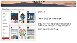 핀터레스트
: 복잡계 멀티 콘텐츠 융복합 콘텐츠
동영상+위치+시간+패턴 등이 모두 태그로 기능하고
이에 따라 소셜 미디어(이미지 기반)—에서 멀티로
이미지 태그 기반에서 다른 소셜
핀터레스트
 