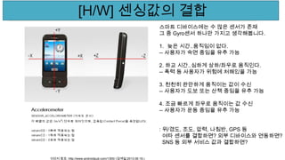 이미지 참조: http://www.androidpub.com/1305/ (검색일:2013.06.19.)
[H/W] 센싱값의 결합
스마트 디바이스에는 수 많은 센서가 존재
그 중 Gyro센서 하나만 가지고 생각해봅니다.
1. 늦은 시간..움직임이 없다.
-- 사용자가 숙면 중임을 유추 가능
2. 하교 시간..심하게 상하/좌우로 움직인다.
-- 폭력 등 사용자가 위험에 처해있을 가능
3. 천천히 완만하게 움직이는 값이 수신
-- 사용자가 도보 또는 산책 중임을 유추 가능
4. 조금 빠르게 좌우로 움직이는 값 수신
-- 사용자가 운동 중임을 유추 가능
: 위/경도, 조도, 압력, 나침반, GPS 등
여타 센서를 결합하면? 외부 디바이스와 연동하면?
SNS 등 외부 서비스 값과 결합하면?
 
