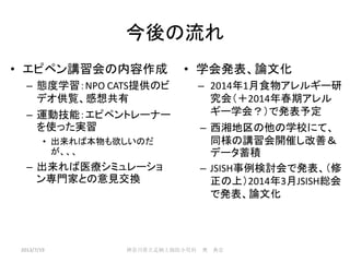 今後の流れ
• エピペン講習会の内容作成
– 態度学習：NPO CATS提供のビ
デオ供覧、感想共有
– 運動技能：エピペントレーナー
を使った実習
• 出来れば本物も欲しいのだ
が、、、
– 出来れば医療シミュレーショ
ン専門家との意見交換
• 学会発表、論文化
– 2014年1月食物アレルギー研
究会（＋2014年春期アレル
ギー学会？）で発表予定
– 西湘地区の他の学校にて、
同様の講習会開催し改善＆
データ蓄積
– JSISH事例検討会で発表、（修
正の上）2014年3月JSISH総会
で発表、論文化
2013/7/19 神奈川県立足柄上病院小児科 奥 典宏
 