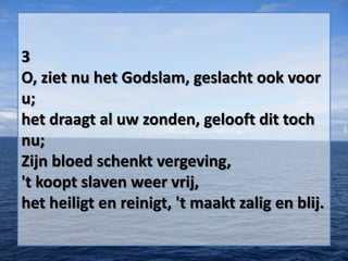 3
O, ziet nu het Godslam, geslacht ook voor
u;
het draagt al uw zonden, gelooft dit toch
nu;
Zijn bloed schenkt vergeving,
't koopt slaven weer vrij,
het heiligt en reinigt, 't maakt zalig en blij.
 