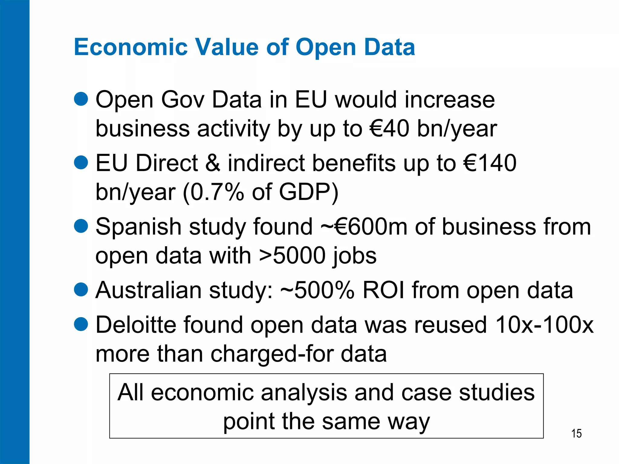 Economic Value of Open Data
 Open Gov Data in EU would increase
business activity by up to €40 bn/year
 EU Direct & indirect benefits up to €140
bn/year (0.7% of GDP)
 Spanish study found ~€600m of business from
open data with >5000 jobs
 Australian study: ~500% ROI from open data
 Deloitte found open data was reused 10x-100x
more than charged-for data
15
All economic analysis and case studies
point the same way
 
