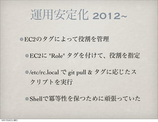 運用安定化 2012~
EC2のタグによって役割を管理
EC2に "Role" タグを付けて、役割を指定
/etc/rc.local で git pull & タグに応じたス
クリプトを実行
Shellで冪等性を保つために頑張っていた
13年7月20日土曜日
 