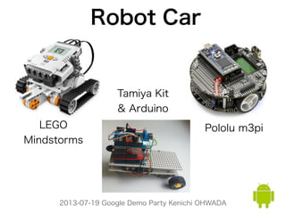2013-07-19 Google Demo Party Kenichi OHWADA
Robot Car
LEGO
Mindstorms
Pololu m3pi
Tamiya Kit
& Arduino
 