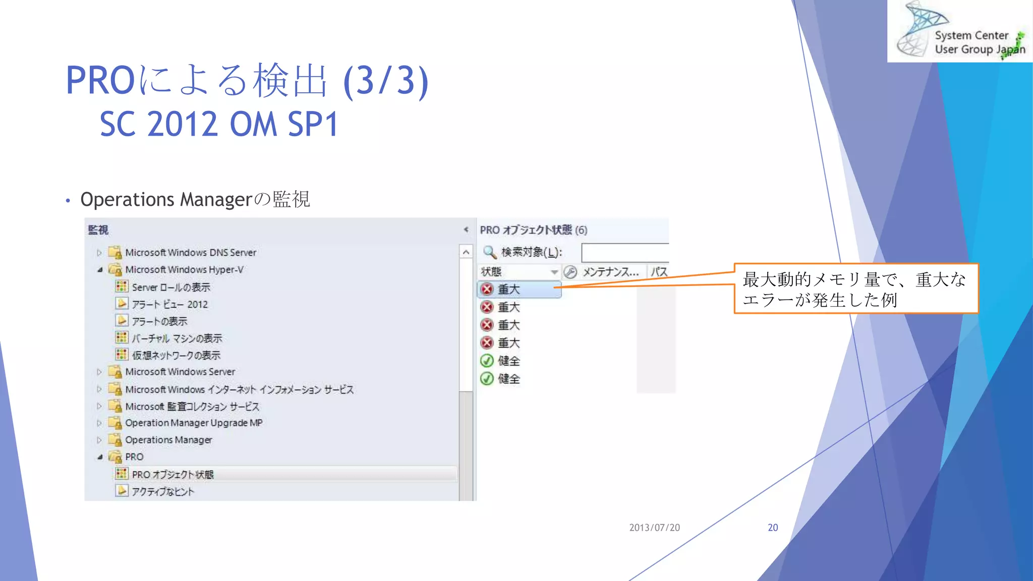 PROによる検出 (3/3)
SC 2012 OM SP1
• Operations Managerの監視
2013/07/20 20
最大動的メモリ量で、重大な
エラーが発生した例
 
