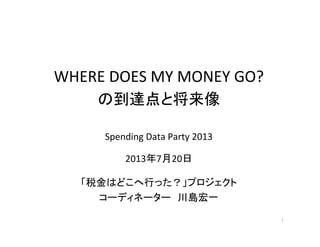 WHERE	
  DOES	
  MY	
  MONEY	
  GO?	
  
の到達点と将来像	
  
	
Spending	
  Data	
  Party	
  2013　	
2013年7月20日	
  
「税金はどこへ行った？」プロジェクト	
  
コーディネーター　川島宏一	
1	
 