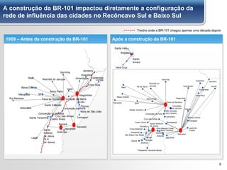 A construção da BR-101 impactou diretamente a configuração da
rede de influência das cidades no Recôncavo Sul e Baixo Sul
9
Nazaré
Salvador
Alagoinhas
Mairi
Baixa Grande
Macajuba
Rui Barbosa
Itaberaba
Ipirá
Santo Estevão
Santa Terezinha
Cruz das Almas
Serrinha
Riachão do Jacuípe
Castro Alves
Lage
Santo
Antônio
de Jesus
(S.A
de Jesus)
Aratuípe
Jaguaripe
Conceição da Feira
Irará
Inhambupe
Jandaíra
Entre Rios
Conde
Camaçari
Pojuca
Mata de São João
Coração de Maria
Catu
Serra Preta
Esplanada
Acajutiba
Feira de Santana
Conceição do Ameida
1959 – Antes da construção da BR-101 Após a construção da BR-101
Amargosa
Conceição
do Jacuípe
Camaçari
Dias d'Ávila
Lauro de
Freitas
Pojuca
Conde
Entre Rios
Jaguaripe
Esplanada
Inhambupe
Jandaíra
Cruz das Almas
Alagoinhas
Maragogipe
Nazaré
Acajutiba
Aratuípe
Mairi
Riachão do
JacuípePé de Serra
Serra Preta
Ipirá
Baixa Grande
Macajuba
Rafael Jambeiro
Castro Alves
Cachoeira
Conceição da Feira
São Gonçalo
dos Campos
Serrinha
Dom Macedo Costa
Muniz Ferreira
Varzedo
Elísio Medrado
São Miguel das Matas
Ubaíra Mutuípe
Jiquiriçá
Presidente Tancredo Neves
Laje
Santo Antônio
de Jesus
Salvador
Feira de Santana
Vera Cruz
Santo
Amaro
Santa Inês
Brejões
Trecho onde a BR-101 chegou apenas uma década depois
 