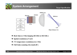 System Arrangement

Target Specification

 Real–time (≥ 1 Hz) imaging (82 GHz to 102 GHz )
 Spatial resolution (≤ 5 cm2)
 1°C temperature resolution at (≥ 1 Hz)
 Full–body scanning (3m stand-off )

100

Semiconductor & Integrated Circuit Lab

Millimeter-wave INnovation Technology research center

Dongguk University

 