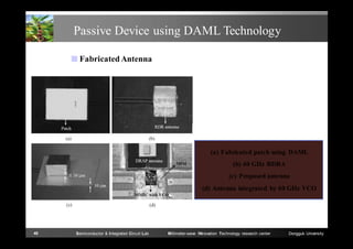 Passive Device using DAML Technology
■ Fabricated Antenna

(a) Fabricated patch using DAML
(b) 60 GHz RDRA
(c) Proposed antenna
(d) Antenna integrated by 60 GHz VCO

40

Semiconductor & Integrated Circuit Lab

Millimeter-wave INnovation Technology research center

Dongguk University

 