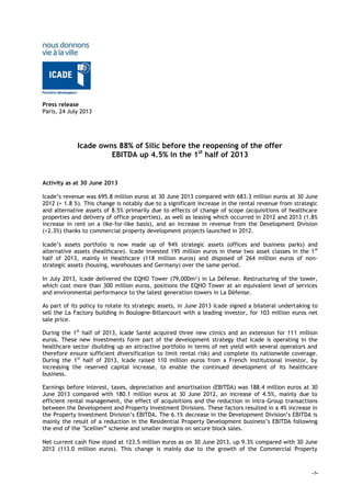 -1-
Press release
Paris, 24 July 2013
Icade owns 88% of Silic before the reopening of the offer
EBITDA up 4.5% in the 1st
half of 2013
Activity as at 30 June 2013
Icade’s revenue was 695.8 million euros at 30 June 2013 compared with 683.3 million euros at 30 June
2012 (+ 1.8 %). This change is notably due to a significant increase in the rental revenue from strategic
and alternative assets of 8.5% primarily due to effects of change of scope (acquisitions of healthcare
properties and delivery of office properties), as well as leasing which occurred in 2012 and 2013 (1.8%
increase in rent on a like-for-like basis), and an increase in revenue from the Development Division
(+2.3%) thanks to commercial property development projects launched in 2012.
Icade’s assets portfolio is now made up of 94% strategic assets (offices and business parks) and
alternative assets (healthcare). Icade invested 195 million euros in these two asset classes in the 1st
half of 2013, mainly in Healthcare (118 million euros) and disposed of 264 million euros of non-
strategic assets (housing, warehouses and Germany) over the same period.
In July 2013, Icade delivered the EQHO Tower (79,000m²) in La Défense. Restructuring of the tower,
which cost more than 300 million euros, positions the EQHO Tower at an equivalent level of services
and environmental performance to the latest generation towers in La Défense.
As part of its policy to rotate its strategic assets, in June 2013 Icade signed a bilateral undertaking to
sell the La Factory building in Boulogne-Billancourt with a leading investor, for 103 million euros net
sale price.
During the 1st
half of 2013, Icade Santé acquired three new clinics and an extension for 111 million
euros. These new investments form part of the development strategy that Icade is operating in the
healthcare sector (building up an attractive portfolio in terms of net yield with several operators and
therefore ensure sufficient diversification to limit rental risk) and complete its nationwide coverage.
During the 1st
half of 2013, Icade raised 110 million euros from a French institutional investor, by
increasing the reserved capital increase, to enable the continued development of its healthcare
business.
Earnings before interest, taxes, depreciation and amortisation (EBITDA) was 188.4 million euros at 30
June 2013 compared with 180.1 million euros at 30 June 2012, an increase of 4.5%, mainly due to
efficient rental management, the effect of acquisitions and the reduction in intra-Group transactions
between the Development and Property Investment Divisions. These factors resulted in a 4% increase in
the Property Investment Division’s EBITDA. The 6.1% decrease in the Development Division’s EBITDA is
mainly the result of a reduction in the Residential Property Development business’s EBITDA following
the end of the "Scellier” scheme and smaller margins on secure block sales.
Net current cash flow stood at 123.5 million euros as on 30 June 2013, up 9.3% compared with 30 June
2012 (113.0 million euros). This change is mainly due to the growth of the Commercial Property
 