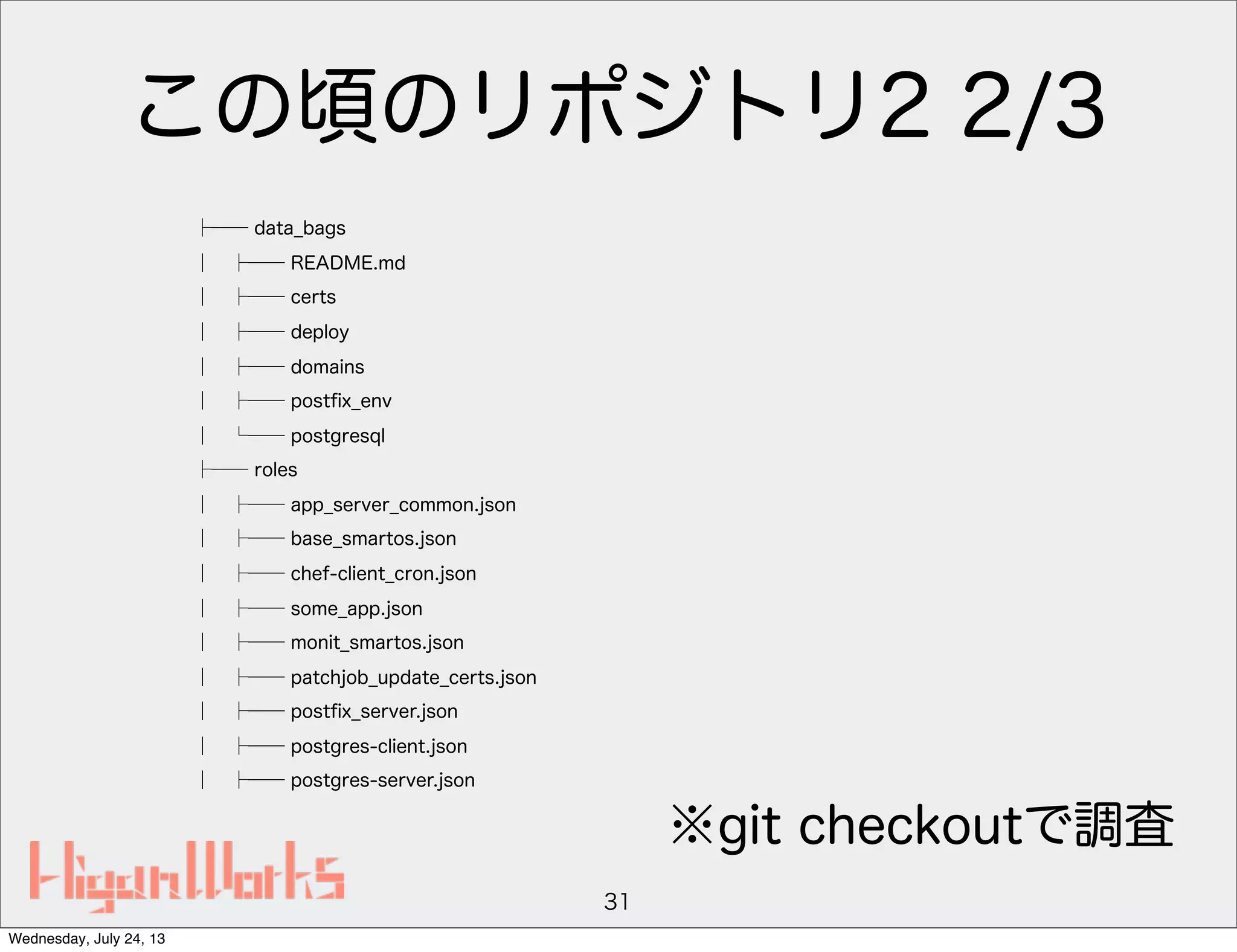 この頃のリポジトリ2 2/3
├── data_bags
│ ├── README.md
│ ├── certs
│ ├── deploy
│ ├── domains
│ ├── postﬁx_env
│ └── postgresql
├── roles
│ ├── app_server_common.json
│ ├── base_smartos.json
│ ├── chef-client_cron.json
│ ├── some_app.json
│ ├── monit_smartos.json
│ ├── patchjob_update_certs.json
│ ├── postﬁx_server.json
│ ├── postgres-client.json
│ ├── postgres-server.json
31
※git checkoutで調査
Wednesday, July 24, 13
 