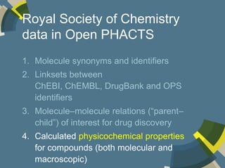Royal Society of Chemistry
data in Open PHACTS
1. Molecule synonyms and identifiers
2. Linksets between
ChEBI, ChEMBL, Dru...