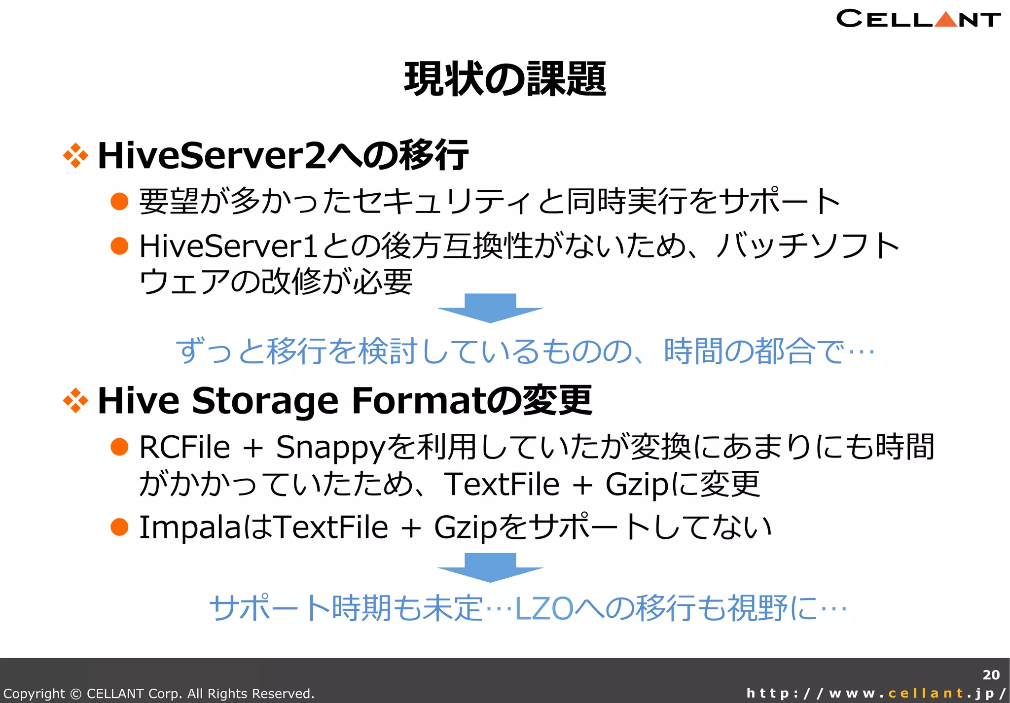 Copyright © CELLANT Corp. All Rights Reserved. h t t p : / / w w w . c e l l a n t . j p /
v HiveServer2への移⾏行行
l 要望が多かったセキュリティと同時実⾏行行をサポート
l HiveServer1との後⽅方互換性がないため、バッチソフト
ウェアの改修が必要
ずっと移⾏行行を検討しているものの、時間の都合で…
v Hive  Storage  Formatの変更更
l RCFile  +  Snappyを利利⽤用していたが変換にあまりにも時間
がかかっていたため、TextFile  +  Gzipに変更更
l ImpalaはTextFile  +  Gzipをサポートしてない
サポート時期も未定…LZOへの移⾏行行も視野に…
現状の課題
20
 
