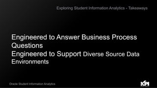Exploring Student Information Analytics - Takeaways
Oracle Student Information Analytics
Engineered to Answer Business Process
Questions
Engineered to Support Diverse Source Data
Environments
 