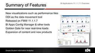 New visualizations such as performance tiles
ODI as the data movement tool
Released on FMW 11.1.1.7
BI Apps Config Manager & other tools
Golden Gate for near real-time loads
Expansion of content and new products
BI Applications 11.1.1.7.1 Overview
Oracle Student Information Analytics
 