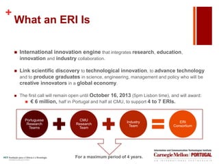 +
What an ERI Is
 International innovation engine that integrates research, education,
innovation and industry collaboration.
 Link scientific discovery to technological innovation, to advance technology
and to produce graduates in science, engineering, management and policy who will be
creative innovators in a global economy.
 The first call will remain open until October 16, 2013 (5pm Lisbon time), and will award:
 € 6 million, half in Portugal and half at CMU, to support 4 to 7 ERIs.
Portuguese
Research
Teams
CMU
Research
Team
Industry
Team
ERI
Consortium
For a maximum period of 4 years.
 