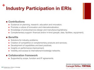 +
Industry Participation in ERIs
 Contributions
 Guidance on planning, research, education and innovation;
 Promote a culture of innovation and internationalization;
 Knowledge of product/service design and manufacturing/delivery;
 Complementary support: financial and/or in-kind (people, data, facilities, equipment).
 Benefits
 Solutions for industry problems;
 Creation of competitive or complementary products and services;
 Development of capabilities and best practices;
 Insights on performance improvement;
 Visibility and access to international knowledge networks.
 Collaboration framework
 Supported by scope, function and IP agreements.
 