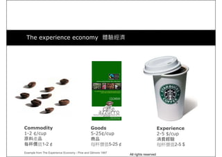 The experience economy 體驗經濟
Commodity
1-2 ¢/cup
原料產品
每杯價值1-2 ¢
Goods
5-25¢/cup
商品
每杯價值5-25 ¢
Experience
2-5 $/cup
消費經驗
每杯價值2-5 $
Example from The Experience Economy - Pine and Gilmore 1997
All rights reserved
 