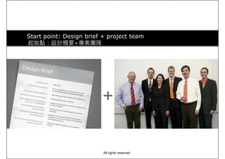 Start point: Design brief + project team
起始點：設計概要+專案團隊
+
All rights reserved
 