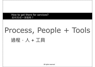 How to get there for services?
如何完成一項服務？
Process, People + Tools
過程，人 + 工具
All rights reserved
 