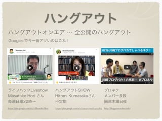 ハングアウト
ハングアウトオンエア … 全公開のハングアウト
ライフハックLiveshow
Masatake Hori さん
毎週日曜22時∼
ハングアウトSHOW
Hitomi Kumasakaさん
不定期
ブロネク
メンバー多数
隔週木曜日夜
Google+で今一番アツいのはこれ！
http://bloggernextdoor.info/https://plus.google.com/u/0/115941101928741553813https://plus.google.com/u/0/+MasatakeHori
 