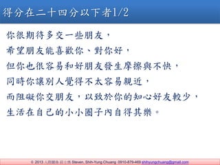 ? 2013 HPS fʿ Steven, Shih-Yung Chuang 0910-879-469 shihyungchuang@gmail.com
ڴཻһЩѣ
ϣϲg㡢ã
Ҳ׺ͺѰlĦc죬
ͬr׌eXò̫H
K㽻ѣ֪ĺ^٣
ԼССȦӃԵ䘷
÷ڶʮķ1/2
 