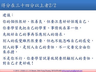? 2013 HPS fʿ Steven, Shih-Yung Chuang 0910-879-469 shihyungchuang@gmail.com
h
ĂԺܺáҪעúñoԼ
ҪWȰԼČWIڵһλ
Լٴ𑪄e˵Ո
e˵ĸXmȻҪҲܺԼĸܣ
e˵£ǄeԼ؟ΣһҪȫ
Г
㲻УҪWԇ_Ҫe˵؟Σ
ԼŸŶ
÷ʮķ2/2
 