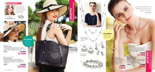 







26 complementos
¡NUEVO!
EXISTENCIASLIMITADAS
Set de 3 pares
de pendientes
¡Podrás llevar el
collar en múltiples
posiciones!
¡Un precioso y delicado set de
bisutería formado por collar,
pulsera y 3 pares de
pendientes!
Estilo al SOL
 Chic Gold Chain Bag
Bolso Chic Gold
Precioso bolso de paja negra con detalles
y eslabones dorados en las asas. ¡Perfecto para
cualquier ocasión! Tamaño: 33 x 26.5 x 13 cm.
Accesorio.
26715 32,00€
23,95€
 Chic Hat
Sombrero Chic
Un toque de glamour para tus looks de verano
con este sombrero de paja con lazo y ribete negro.
Tamaño: 58 cm circunferencia. Accesorio.
26716 16,00€
11,95€
ALERTA MODA
Más consejos de moda
deValerie en
www.oriﬂame.es Diseñadora
¡NUEVO!
EXISTENCIASLIMITADAS
 Romantic Pearl Earring Set
Set de Pendientes Romantic
Set de 3 pares de pendientes perlados,
de cristal y plateados perfectos para
cualquier look. Bolsita de organza
incluída. Níquel antialérgico. Acero
inoxidable. Largo: 1 – 3.5 cm.
26730 12,00€
7,95€
 Romantic Pearl Bracelet
Pulsera Romantic
Pulsera combinada de abalorios perlados,
de cristal y plateados. Bolsita de organza
incluída. Níquel antialérgico.
Largo: 19 cm + 3 cm extensible.
26892 12,00€
7,95€
 Romantic Pearl Necklace
Collar Romantic
Collar multi-posición con cadena plateada
combinada con abalorios perlados y de
cristal. Bolsita de organza incluída Níquel
antialérgico. Largo: 140 cm.
26729 17,00€
11,95€
”Me encantan los
complementos que
puedes llevar tanto
de día como de noche
y esta colección es
ideal para ello.”
EN EL INTERIOR:
Cierre de cremallera,
compartimento para
el móvil,bolsillo
interior.
¡Combina las tres
piezas del conjunto
según la ocasión!
UN CONSEJO:
Llévalo con un
look bicolor en
blanco y negro.
¡Triunfarás!
UN CONSEJO:
 