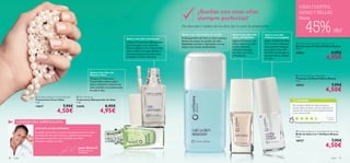 




30 color color 31
 Oriﬂame Beauty Growth Booster
Tratamiento Crece-Uñas
7 ml.
13617 7,95€
4,50€
 Oriﬂame Beauty Crystal Base & Top Coat
Brillo de Uñas 2 en 1 Oriﬂame Beauty
7 ml.
18927 7,95€
4,50€
 Nail Whitener
Tratamiento Blanqueador de Uñas
7 ml.
24696 8,95€
4,95€
 Oriﬂame Beauty Nail Shield
Protector de Uñas Oriﬂame Beauty
7 ml.
18935 7,95€
4,50€
¿POR QUÉ LOS RECOMIENDO?
 Oriﬂame Beauty Nail Polish Remover
Quitaesmalte de Uñas Oriﬂame Beauty
75 ml.
18939 8,95€
4,95€
CONSEJO DEL ESPECIALISTA
El cuidado de las uñas es la parte más glamourosa de tu rutina
de belleza. En sólo unos minutos y utilizando los productos
adecuados, te garantizo unos resultados increíbles.
¡Atrévete a enseñar las uñas!
Jonas Wramell
Director Artístico
de Oriflame
Masajea elTratamiento
Crece-Uñas a diario sobre
uñas y cutículas y sentirás tus
uñas nutridas y acondicionadas
en sólo 3 días.
Aplica el Protector de
Uñas a diario.Su triple
acción endurece,
refuerza y protege
tus uñas con Calcio
yVitamina E.
Utiliza elTratamiento Blanqueador
para conseguir unas uñas más
blancas.Aplícalo con el pincel, deja
secar y aclara con agua.Repite el
proceso pasados unos días hasta
conseguir el efecto deseado.
Aplica el Brillo de Uñas
2 en 1 antes y despues
de tu esmalte habitual
para dotar a tus uñas
de brillo y prolongar la
duración de tu esmalte
de uñas.
El Quitaesmalte de Uñas no tiene acetona,
elimina los restos de esmalte de uñas
dejándolas nutridas e hidratadas y no las
reseca.Con aroma deAlmendra.
¿Sueñas con unas uñas
siempre perfectas?
¡No descuides la belleza de tus uñas! ¡Son tu carta de presentación!
UÑAS FUERTES,
SANAS Y BELLAS
45% dto!
Quiero unas uñas más
fuertes y sanas.
Quiero unas uñas más
duras y fortalecidas.
Quiero unas uñas más blancas.
Quiero unas uñas
brillantes y protegidas.
Quiero unas uñas limpias sin esmalte.
*220 valoraciones alrededor del mundo*220 valoraciones alrededor del mundo
Me encanta el Brillo de Uñas porque se
puede utilizar de base y de top coat. ¡Si te lo
quieres dar sólo por encima queda precioso
y con mucho brillo!
Cristina,
España
TU OPINIÓN*
¡Hasta
 