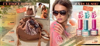 




26539 Coral
26541 Turquoise
Cerise
48
UN VERANO MEDITERRÁNEO
EXISTENCIAS
LIMITADAS¡NUEVO!
Turquoise
Turquoise
Cerise
EXISTENCIASLIMITADAS
¡NUEVO!
 Get Away Bag
Bolso Get Away
¡Tu bolso deﬁnitivo para este verano!
Un precioso bolso con cierre de cordones
rematados con borlas y remates de
imitación piel. Tamaño: 40 x 34 x 12.5 cm.
Accesorio.
26865 24,00€
16,95€
 Get Away Sunglasses
Gafas de Sol Get Away
Protege tus ojos del sol con estas gafas
de estilo aviador. Protección 100% UV.
Tamaño: 14.2 x 13.5 x 5.4 cm. Accesorio.
26866 11,00€
7,95€
 Get Away Headband
Cinta para el Pelo Get Away
Banda del pelo de estampado animal
en tonos marrones y rosados. ¡Llévala
a modo de diadema este verano! Poliéster.
Tamaño: circunferencia 51 cm. Accesorio.
26867 6,00€
3,95€
UN TOQUE HIPPIE
¡NUEVO!
 Get Away Bag
Bolso Get Away
“Completa tu look en las
tardes de verano con este
práctico bolso.Añade la cinta
del pelo estampada y las
gafas… ¡No te faltará detalle!”
¡UÑAS AL SOL!
“¡Llamativos colores
de esmalte de uñas
que destacarán tu
bronceado este
verano!”
Frédérique,Desarrollo
de Productos de Belleza
ENCUENTRA LAS
GAFAS GETAWAY
26866 EN LA PÁGINA
ANTERIOR
Lamodelolleva:EsmaltedeUñasGetaway
26541Turquoise,GafasdeSolGetAway26866.
Ghadeh,
Desarrollo de accesorios.
49
Very Me Getaway Nail Polish
Esmalte de Uñas Getaway Very Me
¡Siente los vivos colores del verano en tus
uñas con estos tres fantásticos tonos de
esmalte disponibles. 8 ml.
7,95€
5,95€
 