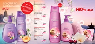 





aseo personal 133132 aseo personal
 Discover Taj Mahal
Oriental Sunrise Shower Gel
Gel de Ducha Taj Mahal
250 ml.
24366 4,95€
2,95€
Exótico aroma afrutado
con ciruela y jazmín
 Discover Taj Mahal
Oriental Sunrise Liquid Hand Soap
Jabón Líquido para Manos Taj Mahal
300 ml.
24367 6,95€
3,95€
Suave aroma en tus manos
 Discover China
Cherry Orchard Liquid Hand Soap
Jabón Líquido para Manos China
300 ml.
18994 6,95€
3,95€
 Discover China
Cherry Orchard Soap Bar
Jabón en Barra China
100 g.
18997 2,95€
1,75€
 Discover China
Cherry Orchard Shower Gel
Gel de Ducha China Jumbo
400 ml.
22930 6,95€
3,95€
Manos más limpias y frescas
Limpia tu piel
y refresca tu cuerpo
Aroma ﬂoral y afrutado
Exótico
aroma
afrutado
con ciruela
y jazmín
Limpiador
con suave
aroma
400 ml¡Te
encantará…
viajar por el mundo
con los aromas de
Discover sin salir del
cuarto de baño!
Manos más
limpias
y frescas
¡Descubre la
máxima
frescura en
tu piel!
Delicioso
aroma ﬂoral
y afrutado en
tu piel
LO QUIEROLO QUIEROLO QUIERO
LO NECESITOLO NECESITOLO NECESITO
¡MÍO! ¡40% dto!
 