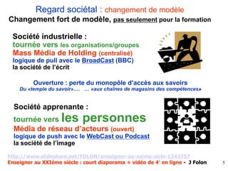 Société apprenante :
tournée vers les personnes
Média de réseau d’acteurs (ouvert)
logique de push avec le WebCast ou Podcast
la société de l’image
Société industrielle :
tournée vers les organisations/groupes
Mass Média de Holding (centralisé)
logique de pull avec le BroadCast (BBC)
la société de l’écrit
Ouverture : perte du monopôle d’accès aux savoirs
Du «temple du savoir»…. … «aux chaînes de magasins des compétences»
5
http://www.slideshare.net/FOLON/enseigner-au-xxime-sicle-1343757
Enseigner au XXIème siècle : court diaporama + vidéo de 4’ en ligne - J Folon
Regard sociétal : changement de modèle
Changement fort de modèle, pas seulement pour la formation
 