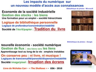 Les impacts du numérique sur
un nouveau modèle d’accès aux connaissances
Nouvelle économie - société numérique
Gestion de flux : des biens vers les liens
Apprentissage tout au long de la vie : emplois instables
On conserve peu : ni livre, ni musique !
Logiques de transversalité/porosité/dispersion/instabilité
Société image/pixel : Irruption des écrans
Economie de la société industrielle
Gestion des stocks : les biens
Une formation pour un emploi – société hiérarchisée
Logique de bibliothèque personnelle
Logique de profondeur/concentration/stabilité
Société de l’écrit/papier : Tradition du livre
7Livre de Nicholas Carr - « The Shallows » - USA - 2010
Bibliothèque de photos - Microsoft
Bibliothèque de photos – Google
 