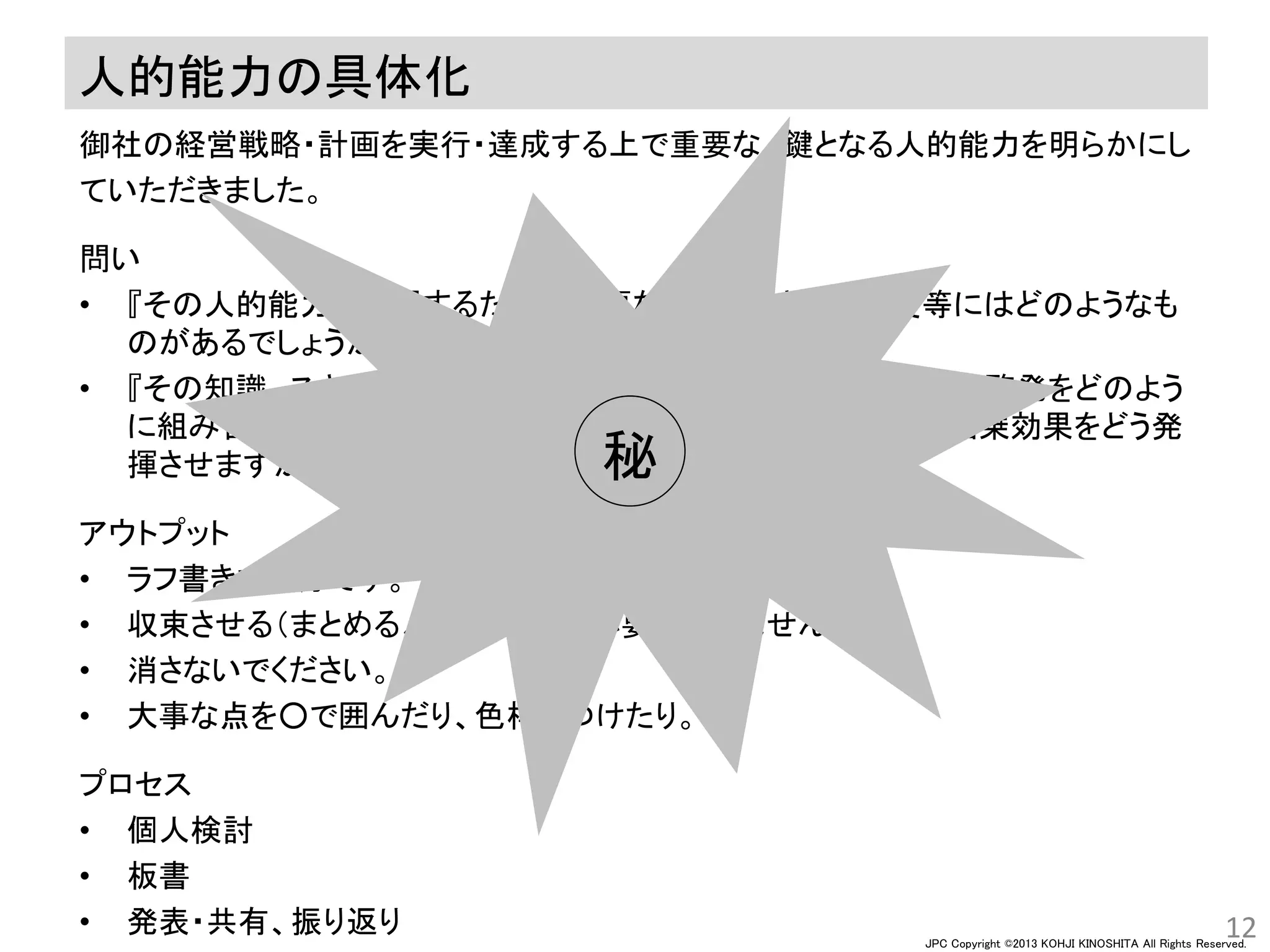 JPC Copyright ©2013 KOHJI KINOSHITA All Rights Reserved.
人的能力の具体化
御社の経営戦略・計画を実行・達成する上で重要な、鍵となる人的能力を明らかにし
ていただきました。
問い
• 『その人的能力を発揮するために必要な知識、スキル、態度等にはどのようなも
のがあるでしょうか？』
• 『その知識、スキル、態度等を培うためには、ＯＪＴ、Off-JT、自己啓発をどのよう
に組み合わせればよいでしょうか。ＯＪＴ、Off-JT、自己啓発の相乗効果をどう発
揮させますか』
アウトプット
• ラフ書きで十分です。
• 収束させる（まとめる、結論づける）必要はありません。
• 消さないでください。
• 大事な点を○で囲んだり、色枠をつけたり。
プロセス
• 個人検討
• 板書
• 発表・共有、振り返り 12
秘
 