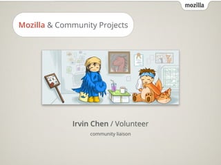 mozilla
Mozilla & Community Projects
Irvin Chen / Volunteer
community liaison
 