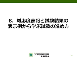 8．対応度表記と試験結果の
表示例から学ぶ試験の進め方
29
 