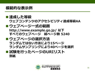 模範的な表示例
 達成した等級
ウェブコンテンツのアクセシビリティ達成等級AA
 ウェブページ一式の範囲
http://www.example.go.jp/ 以下
すべてのウェブページ 総ページ数 5240
 ウェブページの選択方法
ランダムではない方法により15ページ
ランダムサンプリングにより40ページを選択
 試験を行ったページのURIリスト
別紙
31
 