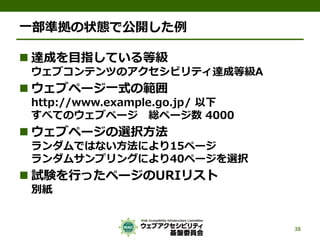 一部準拠の状態で公開した例
 達成を目指している等級
ウェブコンテンツのアクセシビリティ達成等級A
 ウェブページ一式の範囲
http://www.example.go.jp/ 以下
すべてのウェブページ 総ページ数 4000
 ウェブページの選択方法
ランダムではない方法により15ページ
ランダムサンプリングにより40ページを選択
 試験を行ったページのURIリスト
別紙
38
 