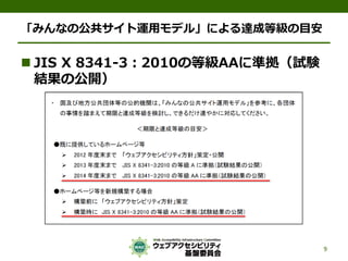 「みんなの公共サイト運用モデル」による達成等級の目安
 JIS X 8341-3：2010の等級AAに準拠（試験
結果の公開）
9
 