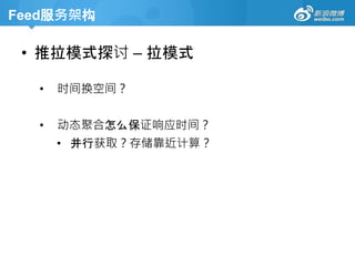 Feed服务架构
• 推拉模式探讨 – 拉模式
• 时间换空间？
• 动态聚合怎么保证响应时间？
• 并行获取？存储靠近计算？
 