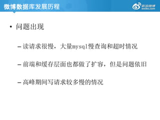 • 问题出现
– 读请求很慢，大量mysql慢查询和超时情况
– 前端和缓存层面也都做了扩容，但是问题依旧
– 高峰期间写请求较多慢的情况
微博数据库发展历程
 