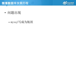 • 问题出现
– mysql写成为瓶颈
微博数据库发展历程
 