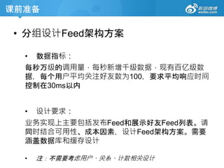 课前准备
• 分组设计Feed架构方案
• 数据指标：
每秒万级的调用量，每秒新增千级数据，现有百亿级数
据，每个用户平均关注好友数为100，要求平均响应时间
控制在30ms以内
• 设计要求：
业务实现上主要包括发布Feed和展示好友Feed列表。请
同时结合可用性、成本因素，设计Feed架构方案。需要
涵盖数据库和缓存设计
• 注：不需要考虑用户、关系、计数相关设计
 