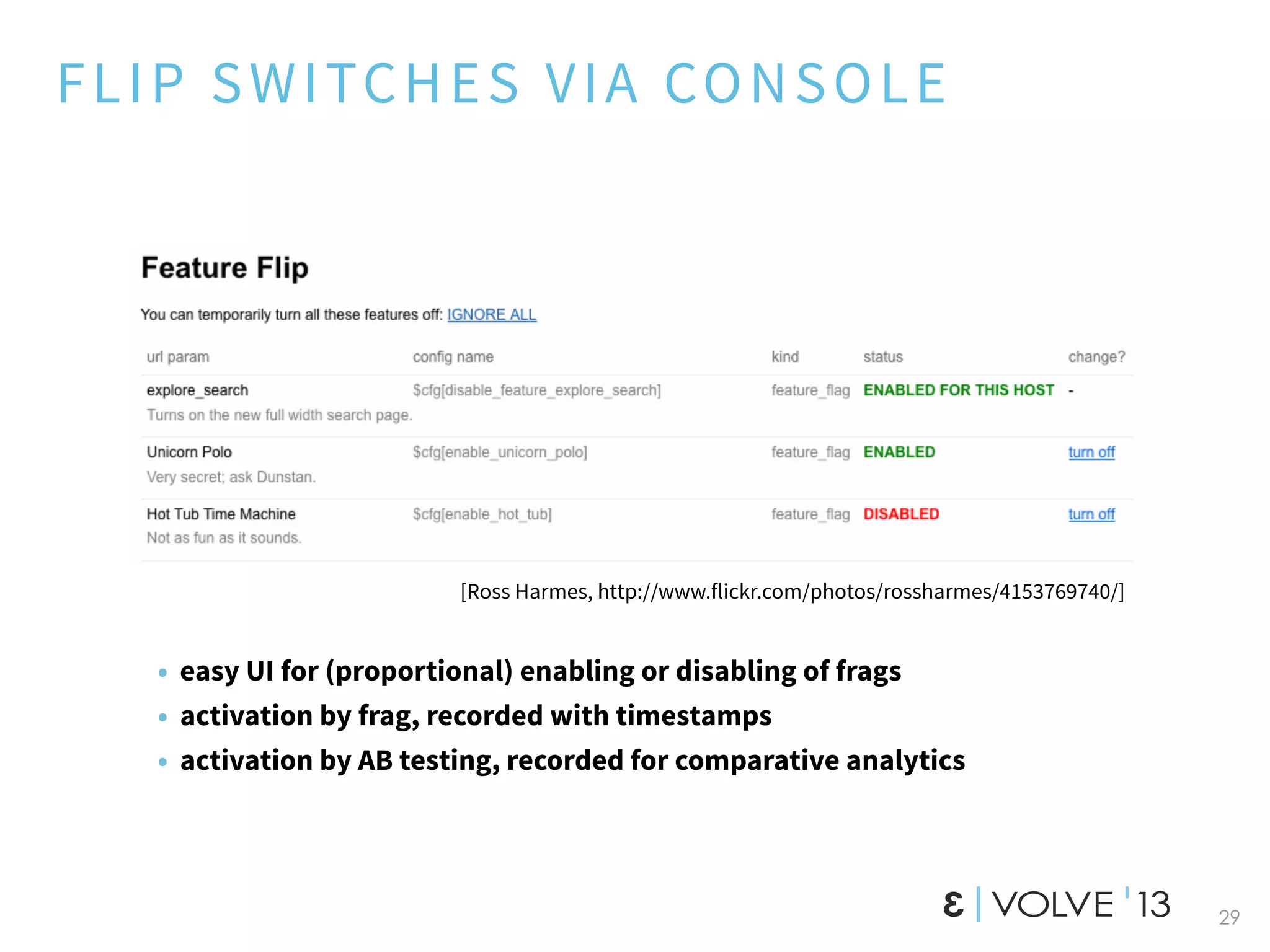 FLIP SWITCHES VIA CONSOLE
29
• easy UI for (proportional) enabling or disabling of frags
• activation by frag, recorded with timestamps
• activation by AB testing, recorded for comparative analytics
[Ross Harmes, http://www.flickr.com/photos/rossharmes/4153769740/]
 