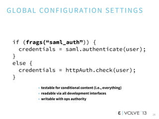 GLOBAL CONFIGURATION SETTINGS
28
if (frags(“saml_auth”)) {
credentials = saml.authenticate(user);
}
else {
credentials = httpAuth.check(user);
}
• testable for conditional content (i.e., everything)
• readable via all development interfaces
• writable with ops authority
 