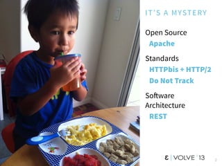 IT’S A MYSTERY
Open Source
Apache
Standards
HTTPbis + HTTP/2
Do Not Track
So!ware
Architecture
REST
2
 