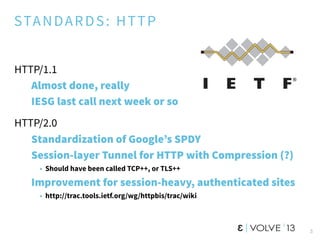 STANDARDS: HTTP
HTTP/1.1
Almost done, really
IESG last call next week or so
HTTP/2.0
Standardization of Google’s SPDY
Session-layer Tunnel for HTTP with Compression (?)
• Should have been called TCP++, or TLS++
Improvement for session-heavy, authenticated sites
• http://trac.tools.ietf.org/wg/httpbis/trac/wiki
3
 